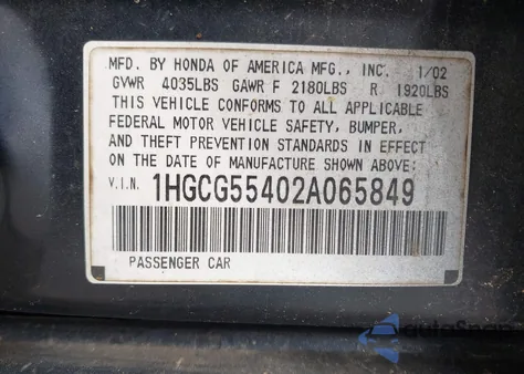 2002 Honda Accord 2.3 Lx z USA, uszkodzony, nr VIN 1HGCG55402A065849